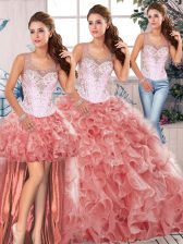 Great Watermelon Red Organza Clasp Handle Scoop Sleeveless Floor Length Sweet 16 Dress Beading and Ruffles