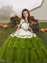  Olive Green Sleeveless Embroidery and Ruffled Layers Floor Length Pageant Dresses