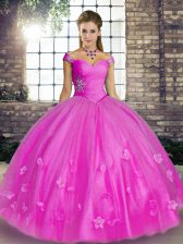 Sleeveless Tulle Floor Length Lace Up Quinceanera Gowns in Lilac with Beading and Appliques