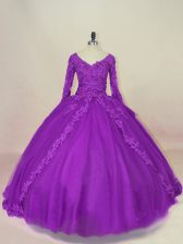 Exceptional Purple Ball Gowns V-neck Long Sleeves Tulle Floor Length Lace Up Appliques 15th Birthday Dress