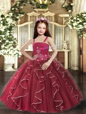 Nice Burgundy Lace Up Little Girls Pageant Gowns Beading and Ruffles Sleeveless Floor Length