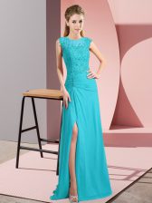 Aqua Blue Column/Sheath Scoop Sleeveless Chiffon Floor Length Zipper Beading Dress for Prom