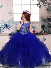  Floor Length Lace Up Little Girl Pageant Dress Royal Blue for Party and Sweet 16 and Wedding Party with Beading and Ruffles