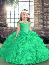  Sleeveless Fabric With Rolling Flowers Floor Length Side Zipper Kids Formal Wear in Green with Beading and Ruffles
