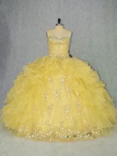 Vintage Floor Length Yellow Quinceanera Gowns Organza Sleeveless Appliques and Ruffles