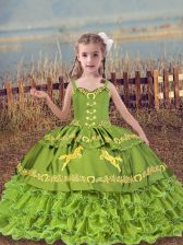  Beading and Embroidery and Ruffled Layers Little Girls Pageant Gowns Olive Green Lace Up Sleeveless Floor Length