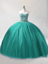 Noble Turquoise Tulle Lace Up Sweetheart Sleeveless Floor Length Sweet 16 Dress Beading
