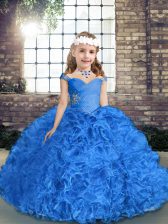  Royal Blue Sleeveless Beading and Ruching Floor Length Kids Formal Wear