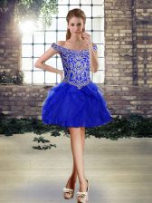 High End Mini Length Royal Blue Prom Gown Tulle Sleeveless Beading and Ruffles