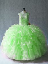 Cute Ball Gowns Organza Scoop Sleeveless Beading and Ruffles Floor Length Lace Up Quinceanera Gowns