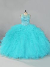  Floor Length Lace Up Quinceanera Dress Aqua Blue for Sweet 16 and Quinceanera with Beading and Ruffles