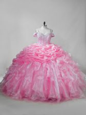 Colorful Pink Sleeveless Beading and Ruffles and Pick Ups Lace Up 15 Quinceanera Dress