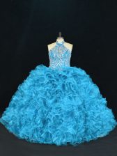  Blue Halter Top Lace Up Beading and Ruffles Quinceanera Gowns Sleeveless