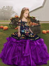 Fashion Eggplant Purple Organza Lace Up Straps Sleeveless Floor Length Little Girl Pageant Gowns Embroidery
