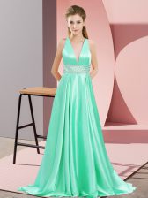  Apple Green Elastic Woven Satin Backless V-neck Sleeveless Prom Dress Brush Train Beading
