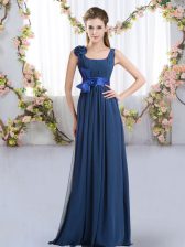 Adorable Belt and Hand Made Flower Quinceanera Dama Dress Navy Blue Zipper Sleeveless Floor Length
