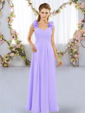 Lavender Empire Straps Sleeveless Chiffon Floor Length Lace Up Hand Made Flower Quinceanera Dama Dress
