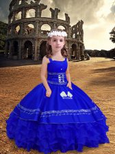 High End Royal Blue Ball Gowns Embroidery and Ruffled Layers Pageant Gowns For Girls Zipper Satin and Organza Sleeveless Floor Length