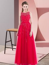 Modest Sleeveless Tulle Floor Length Side Zipper Prom Party Dress in Coral Red with Beading