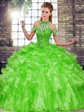 Flare Green Organza Lace Up Sweet 16 Quinceanera Dress Sleeveless Floor Length Beading and Ruffles