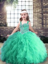 Trendy Sleeveless Tulle Floor Length Lace Up Little Girl Pageant Gowns in Turquoise with Beading and Ruffles