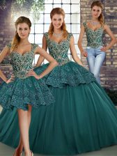  Tulle Straps Sleeveless Lace Up Beading and Appliques Ball Gown Prom Dress in Green
