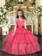  Coral Red Sleeveless Ruffled Layers Floor Length Little Girl Pageant Dress