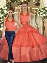  Orange Halter Top Lace Up Ruffled Layers Vestidos de Quinceanera Sleeveless