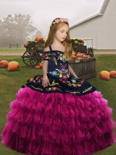 Organza Straps Sleeveless Embroidery and Ruffles Girls Pageant Dresses in Fuchsia