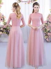  Pink Empire Lace Quinceanera Court Dresses Zipper Tulle Half Sleeves Floor Length