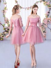 Most Popular Mini Length Pink Vestidos de Damas Off The Shoulder Half Sleeves Lace Up