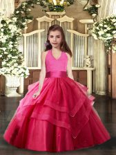 Fantastic Sleeveless Tulle Floor Length Lace Up Pageant Dress Toddler in Hot Pink with Ruffled Layers