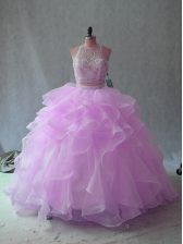 Edgy Organza Halter Top Sleeveless Backless Beading and Ruffles Quinceanera Dress in Lilac
