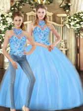 Fashion Halter Top Sleeveless Lace Up Quinceanera Dresses Baby Blue Tulle