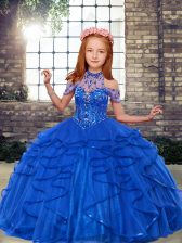  Blue Tulle Lace Up High-neck Sleeveless Floor Length Girls Pageant Dresses Beading and Ruffles