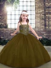  Brown Ball Gowns Beading Little Girls Pageant Dress Lace Up Tulle Sleeveless Floor Length