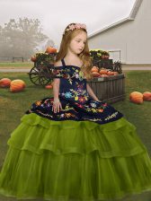  Olive Green Tulle Lace Up Straps Sleeveless Floor Length Little Girls Pageant Dress Wholesale Embroidery