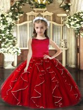 Elegant Floor Length Red Little Girls Pageant Dress Tulle Sleeveless Ruffles