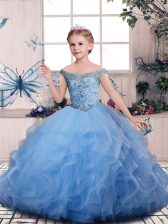 Fantastic Floor Length Lace Up Pageant Dress for Girls Blue for Party and Quinceanera and Wedding Party with Beading and Ruffles