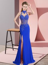 Ideal Blue Chiffon Backless Evening Dress Sleeveless Floor Length Lace and Appliques
