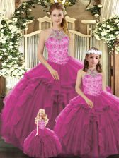  Fuchsia Lace Up Quinceanera Dresses Beading and Ruffles Sleeveless Floor Length