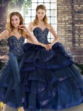 Noble Sleeveless Floor Length Beading and Ruffles Lace Up Sweet 16 Quinceanera Dress with Navy Blue