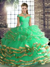  Turquoise Quinceanera Dress Military Ball and Sweet 16 and Quinceanera with Beading and Ruffled Layers Off The Shoulder Sleeveless Lace Up