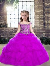 Nice Floor Length Purple Little Girls Pageant Dress Wholesale Off The Shoulder Sleeveless Lace Up