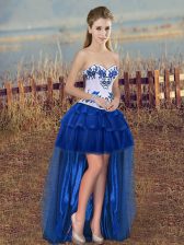  Sweetheart Sleeveless Homecoming Dress High Low Embroidery and Ruffled Layers Royal Blue Organza
