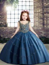 Blue Little Girl Pageant Gowns Party and Wedding Party with Beading Straps Sleeveless Lace Up