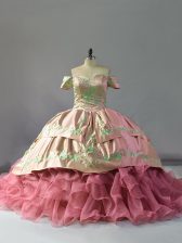  Pink Vestidos de Quinceanera Sweet 16 and Quinceanera with Embroidery and Ruffles Off The Shoulder Sleeveless Chapel Train Lace Up