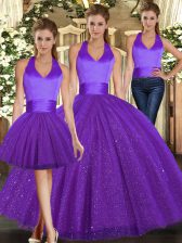Eye-catching Purple Halter Top Lace Up Ruching Sweet 16 Dresses Sleeveless
