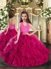  Sleeveless Floor Length Ruffles Lace Up Kids Formal Wear with Fuchsia