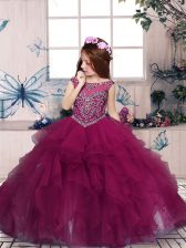 Classical Fuchsia Organza Zipper Scoop Sleeveless Floor Length Pageant Gowns For Girls Beading and Ruffles